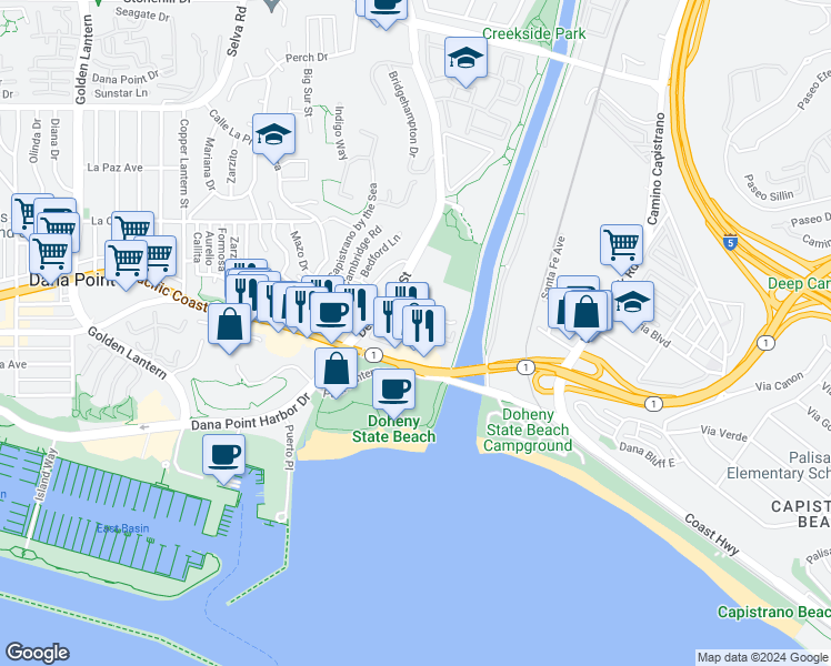 map of restaurants, bars, coffee shops, grocery stores, and more near 34312 Pacific Coast Highway in Dana Point