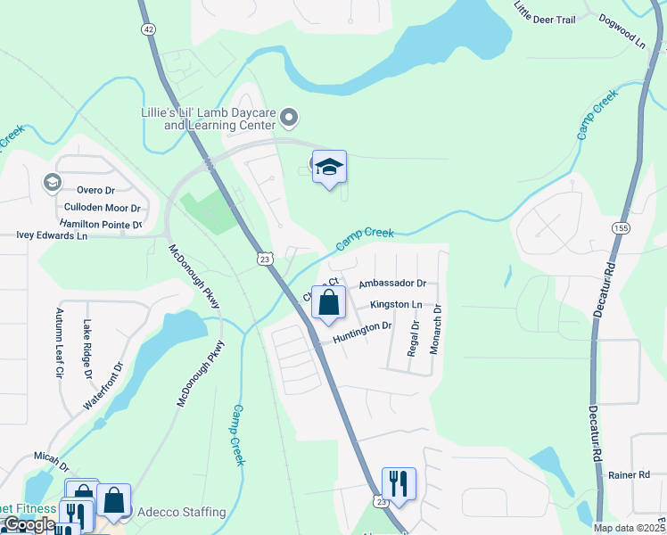 map of restaurants, bars, coffee shops, grocery stores, and more near 220 Chase Lane in McDonough