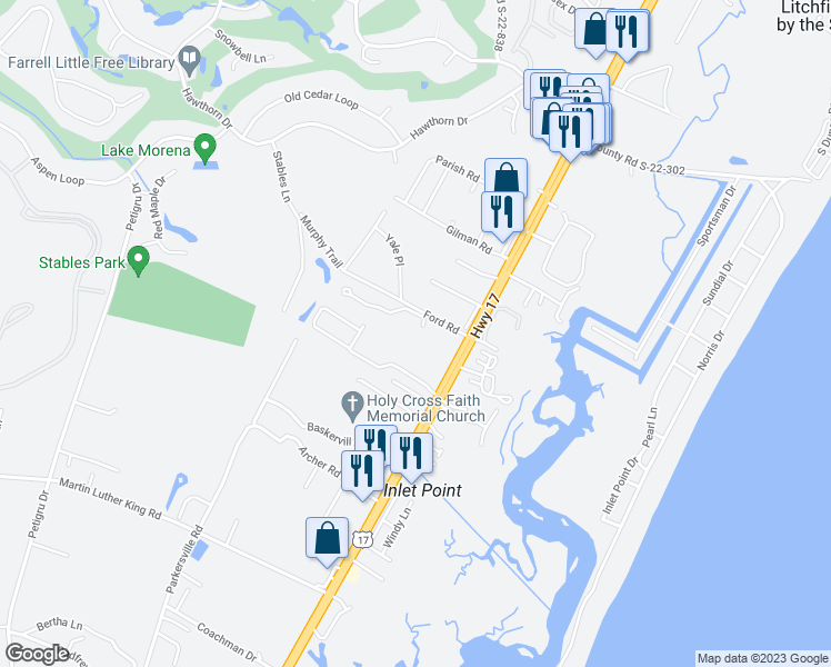 map of restaurants, bars, coffee shops, grocery stores, and more near 32 Hamstead Place in Pawleys Island