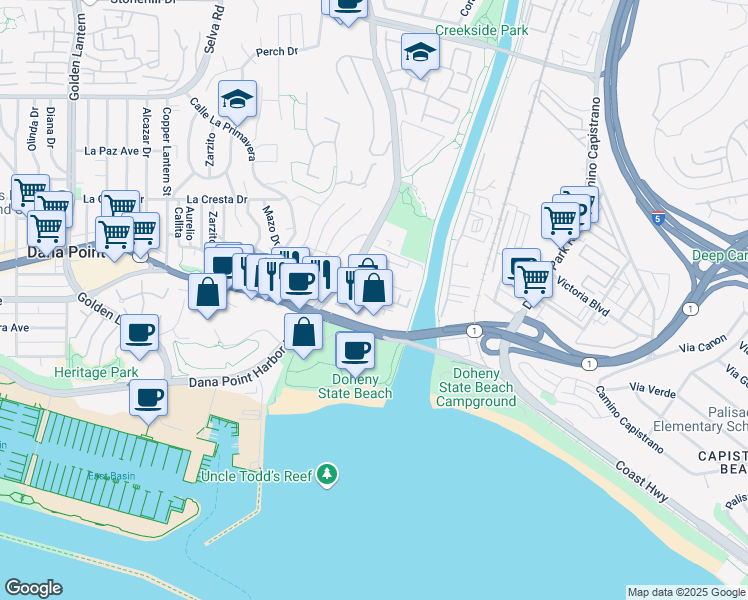 map of restaurants, bars, coffee shops, grocery stores, and more near 2148 Doheny Way in Dana Point