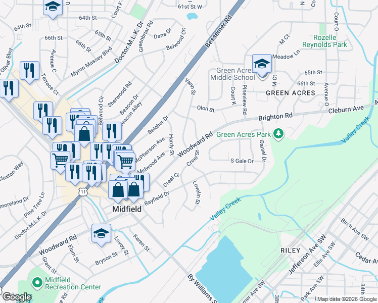 map of restaurants, bars, coffee shops, grocery stores, and more near 1329 Woodward Road in Birmingham
