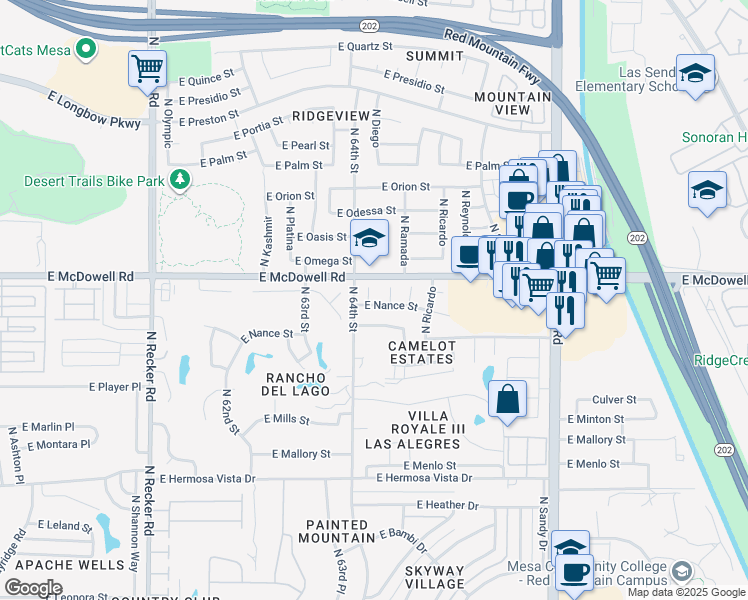 map of restaurants, bars, coffee shops, grocery stores, and more near 6435 East Nance Street in Mesa