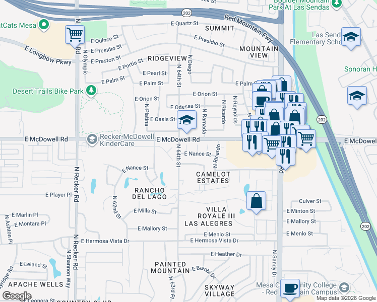 map of restaurants, bars, coffee shops, grocery stores, and more near 6435 East Nance Street in Mesa