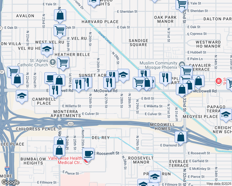 map of restaurants, bars, coffee shops, grocery stores, and more near 2714 East Brill Street in Phoenix