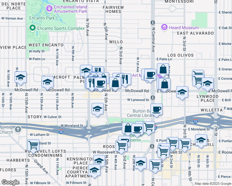 map of restaurants, bars, coffee shops, grocery stores, and more near 302 West Lynwood Street in Phoenix