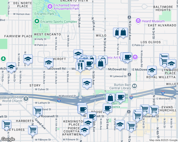 map of restaurants, bars, coffee shops, grocery stores, and more near 522 West Lynwood Street in Phoenix