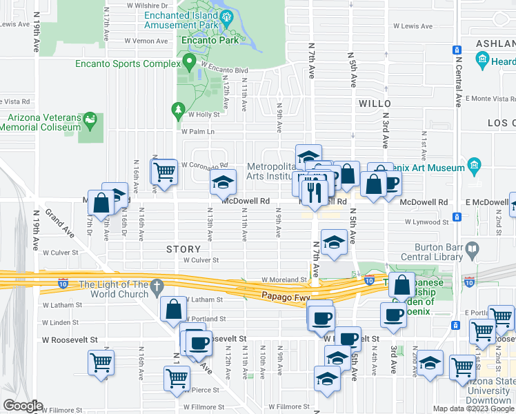 map of restaurants, bars, coffee shops, grocery stores, and more near 916 West Lynwood Street in Phoenix