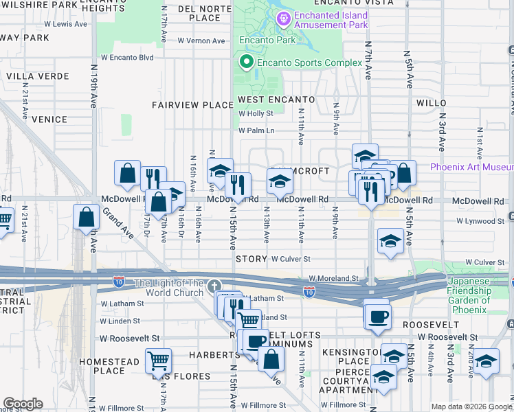 map of restaurants, bars, coffee shops, grocery stores, and more near 1330 West Lynwood Street in Phoenix