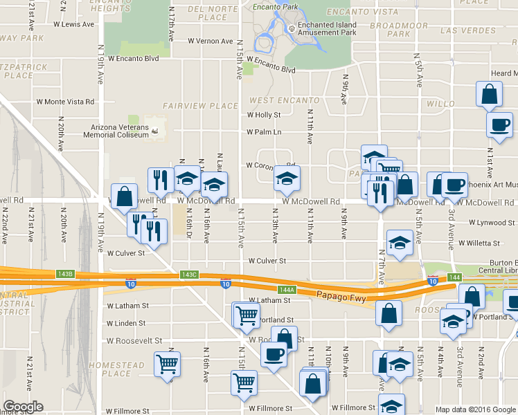 map of restaurants, bars, coffee shops, grocery stores, and more near 1330 West Lynwood Street in Phoenix