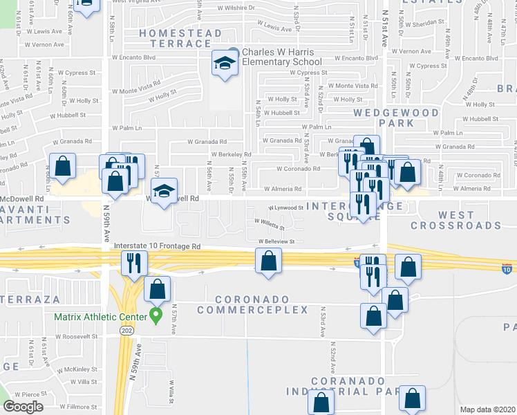 map of restaurants, bars, coffee shops, grocery stores, and more near 1444 North 54th Lane in Phoenix