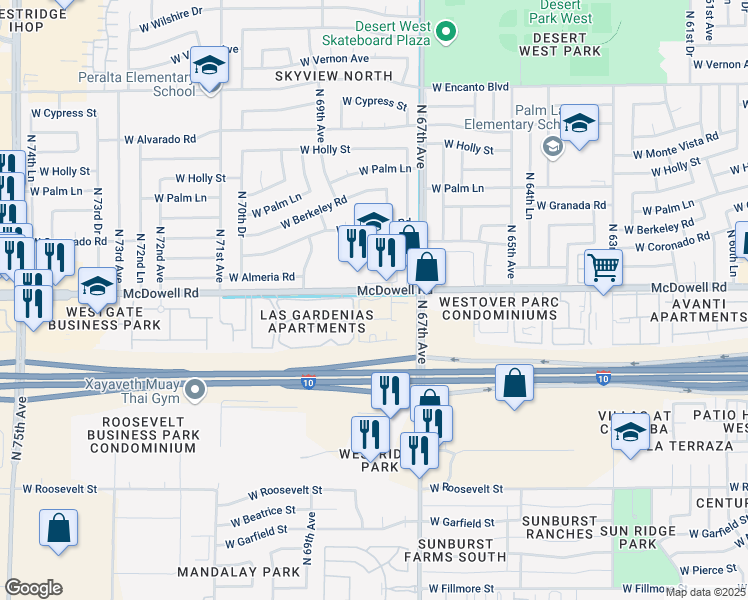 map of restaurants, bars, coffee shops, grocery stores, and more near 6741 West McDowell Road in Phoenix