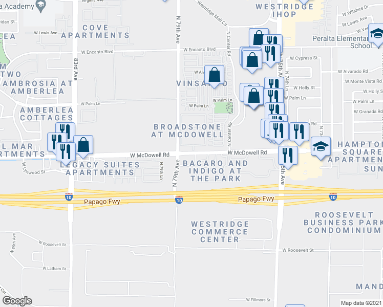 map of restaurants, bars, coffee shops, grocery stores, and more near 7850 West McDowell Road in Phoenix