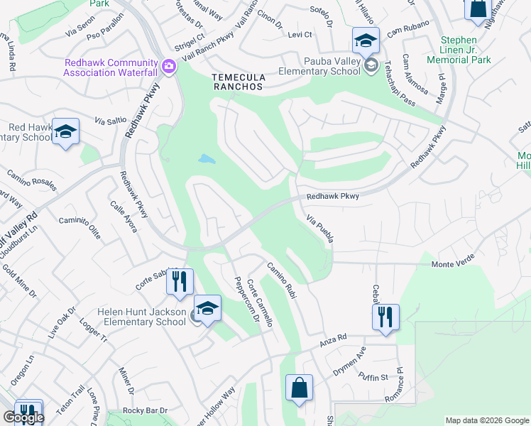 map of restaurants, bars, coffee shops, grocery stores, and more near Redhawk Parkway in Temecula