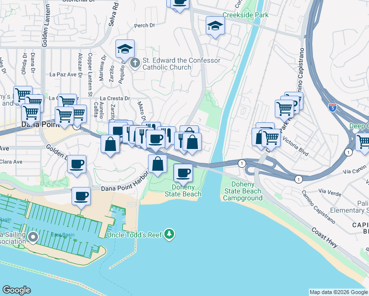 map of restaurants, bars, coffee shops, grocery stores, and more near 34312 Pacific Coast Highway in Dana Point