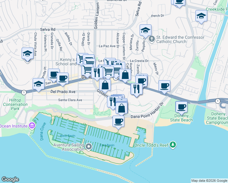 map of restaurants, bars, coffee shops, grocery stores, and more near 34300 Lantern Bay Drive in Dana Point
