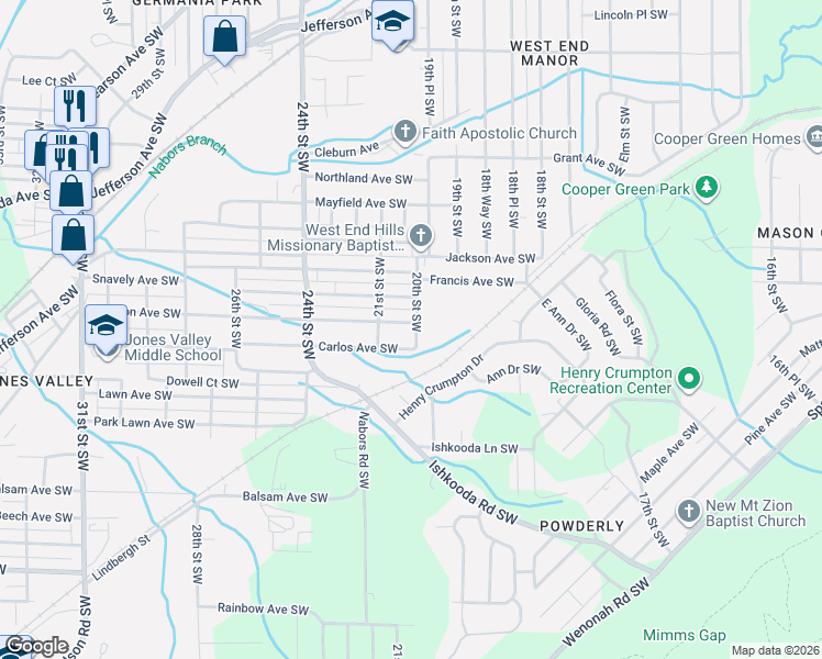 map of restaurants, bars, coffee shops, grocery stores, and more near 2000 Carlos Avenue Southwest in Birmingham