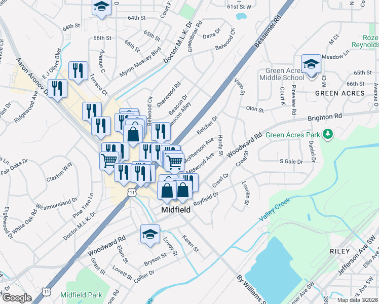 map of restaurants, bars, coffee shops, grocery stores, and more near 325 McPherson Avenue in Midfield