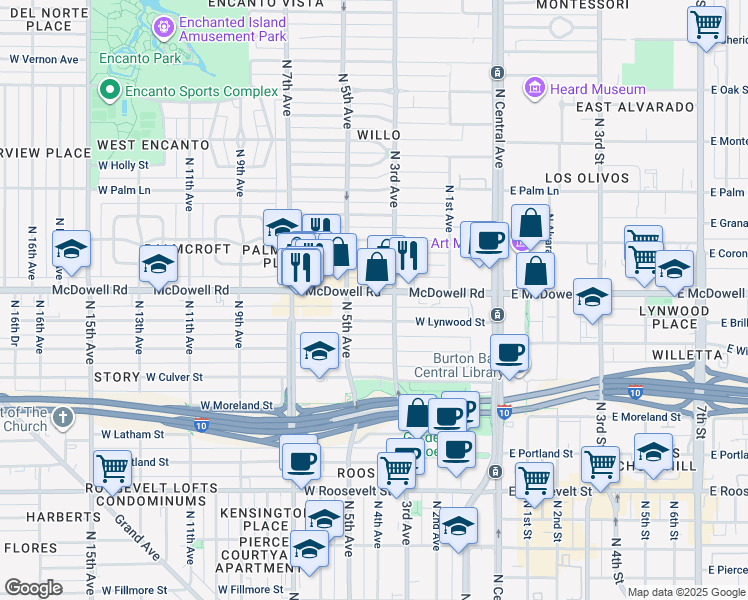 map of restaurants, bars, coffee shops, grocery stores, and more near 317 West McDowell Road in Phoenix
