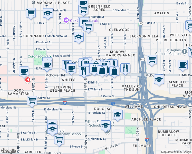 map of restaurants, bars, coffee shops, grocery stores, and more near 1701 East McDowell Road in Phoenix