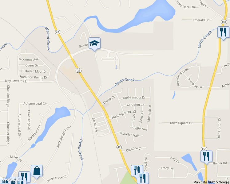 map of restaurants, bars, coffee shops, grocery stores, and more near 220 Chase Lane in McDonough