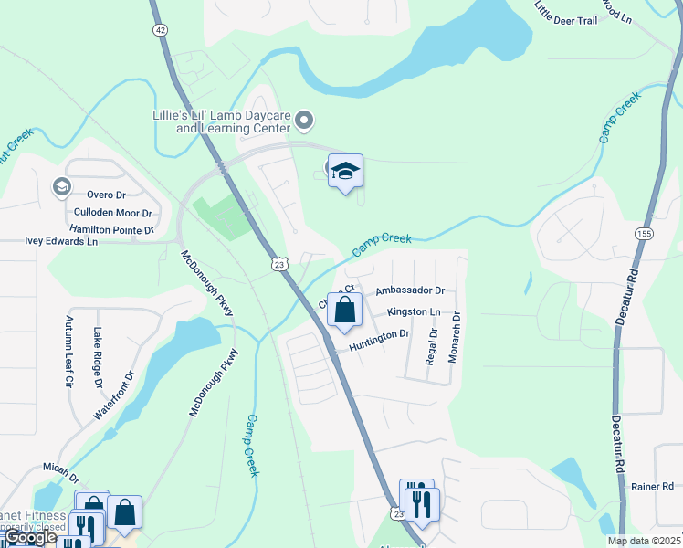 map of restaurants, bars, coffee shops, grocery stores, and more near 310 Chase Lane in McDonough