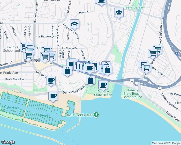 map of restaurants, bars, coffee shops, grocery stores, and more near 34302 East Pacific Coast Highway in Dana Point