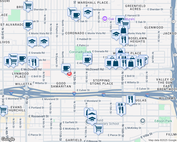 map of restaurants, bars, coffee shops, grocery stores, and more near 1301 East Brill Street in Phoenix