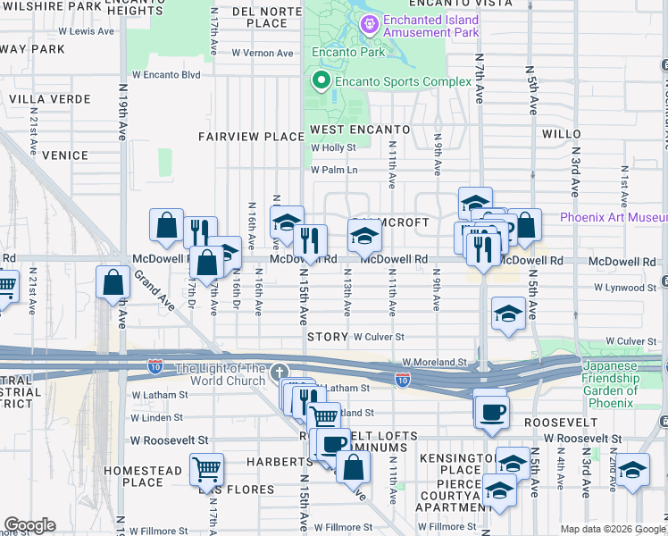 map of restaurants, bars, coffee shops, grocery stores, and more near 1330 West Lynwood Street in Phoenix