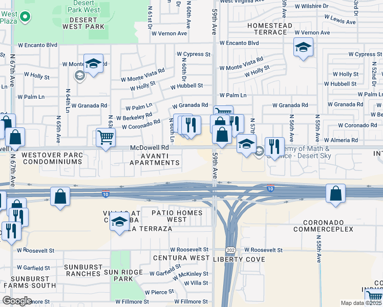 map of restaurants, bars, coffee shops, grocery stores, and more near 5959 West McDowell Road in Phoenix