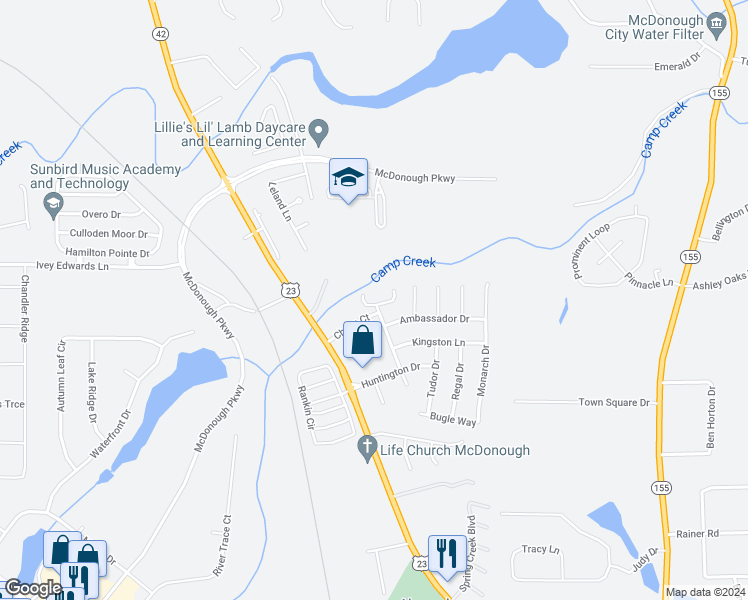 map of restaurants, bars, coffee shops, grocery stores, and more near 535 Chase Lane in McDonough