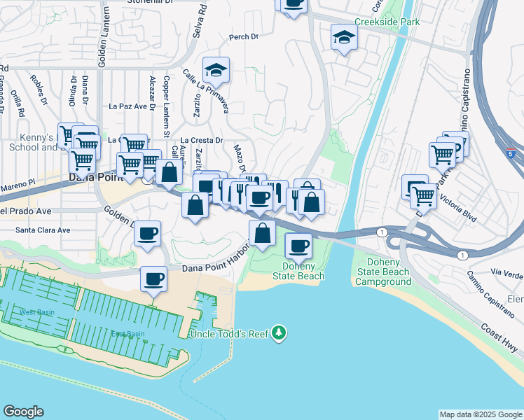 map of restaurants, bars, coffee shops, grocery stores, and more near 34302 Pacific Coast Highway in Dana Point