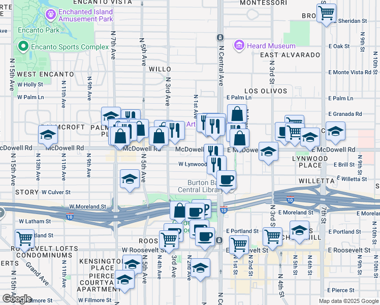 map of restaurants, bars, coffee shops, grocery stores, and more near 70 West Lynwood Street in Phoenix