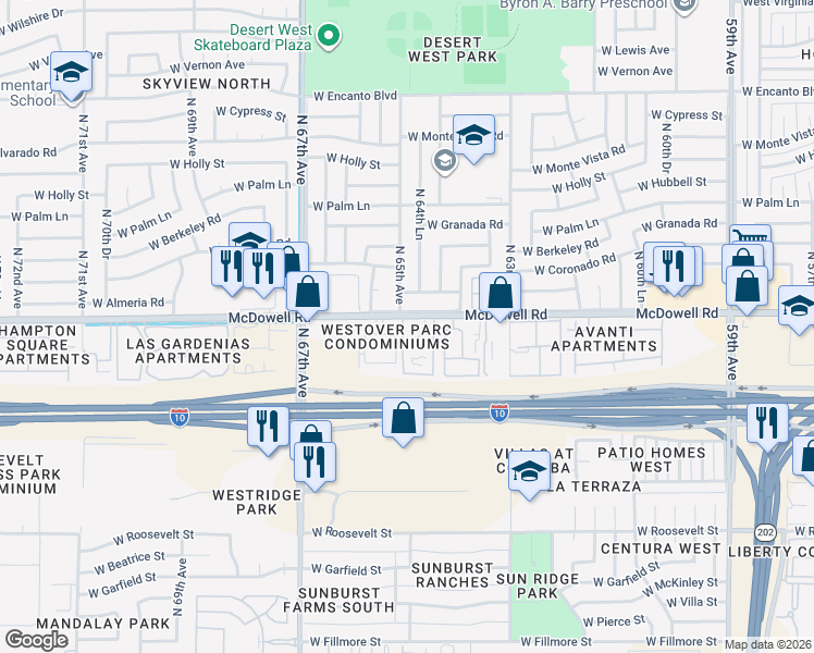 map of restaurants, bars, coffee shops, grocery stores, and more near 6441 West McDowell Road in Phoenix