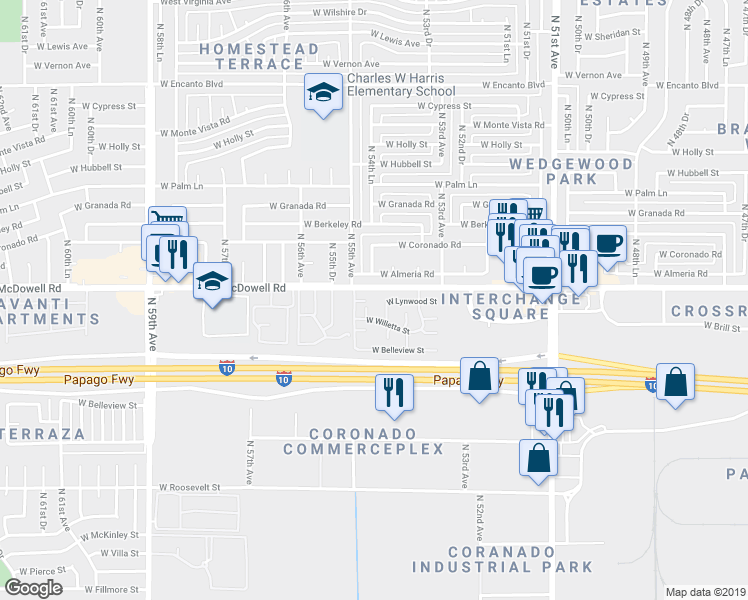 map of restaurants, bars, coffee shops, grocery stores, and more near 5416 West Lynwood Street in Phoenix