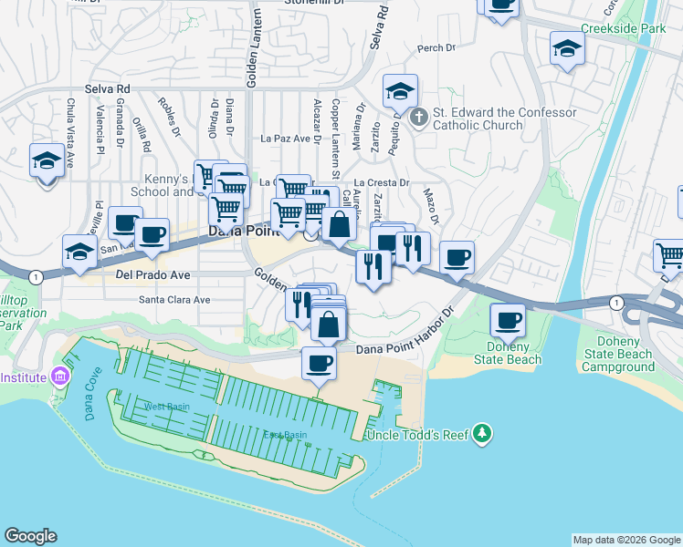 map of restaurants, bars, coffee shops, grocery stores, and more near 34300 Lantern Bay Drive in Dana Point
