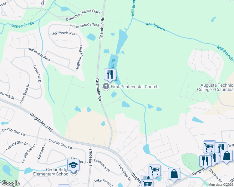 map of restaurants, bars, coffee shops, grocery stores, and more near 714 Chamblin Road in Grovetown
