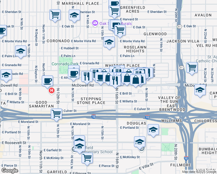 map of restaurants, bars, coffee shops, grocery stores, and more near 1530 East Brill Street in Phoenix