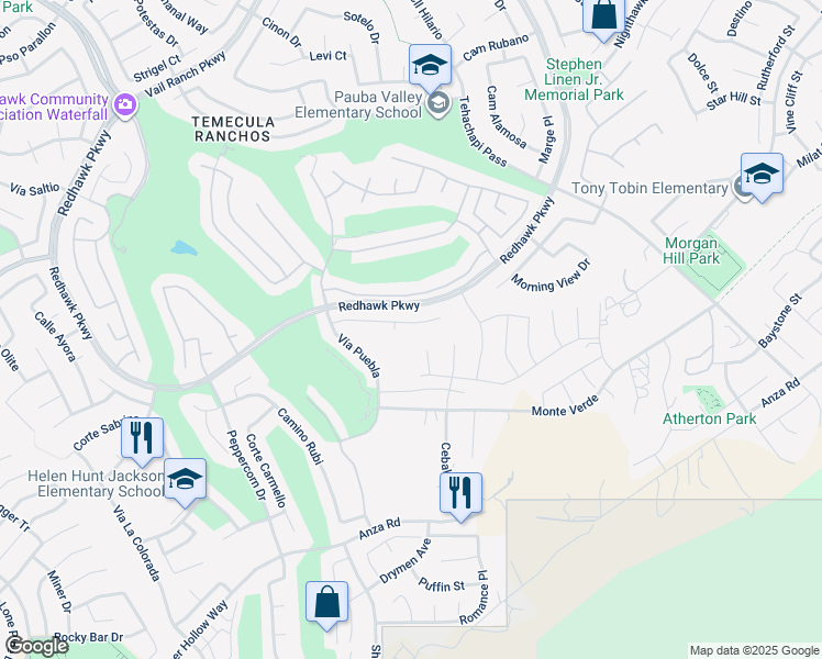 map of restaurants, bars, coffee shops, grocery stores, and more near 33019 Anasazi Drive in Temecula