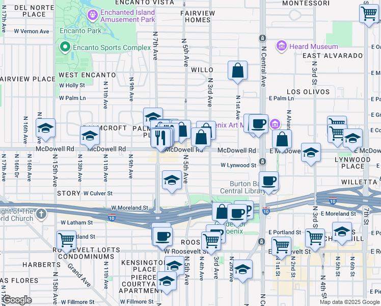 map of restaurants, bars, coffee shops, grocery stores, and more near 344 West Lynwood Street in Phoenix