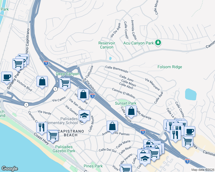 map of restaurants, bars, coffee shops, grocery stores, and more near 34240 Camino El Molino in Dana Point