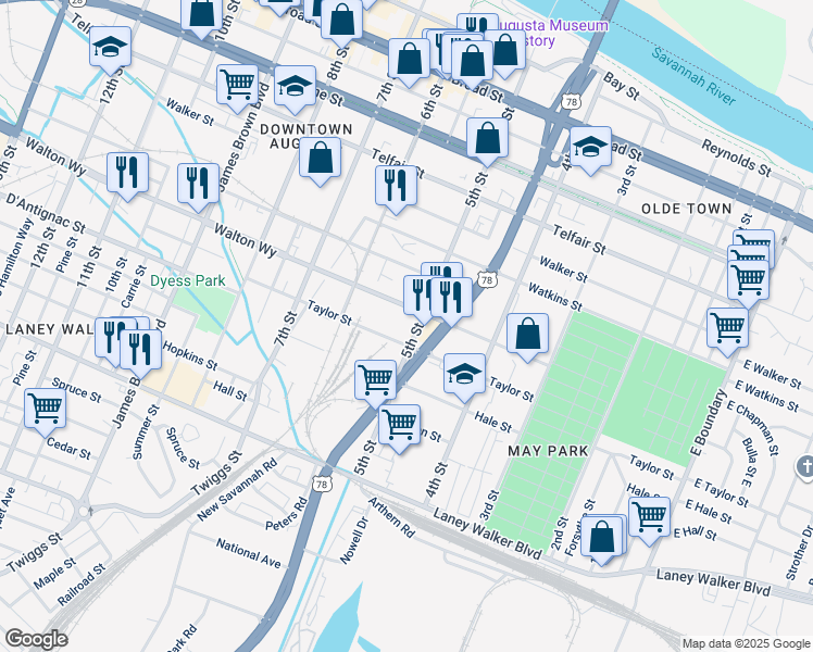 map of restaurants, bars, coffee shops, grocery stores, and more near 811 5th Street in Augusta