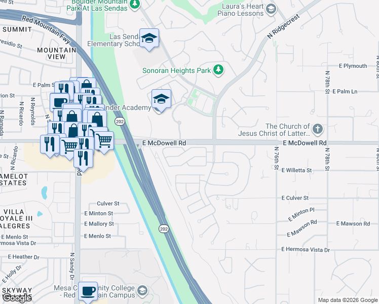 map of restaurants, bars, coffee shops, grocery stores, and more near 7222 East Norland Street in Mesa