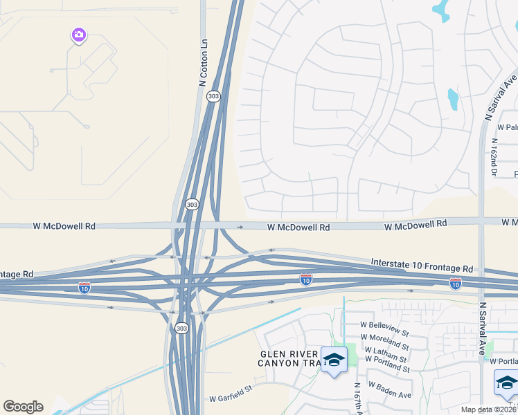 map of restaurants, bars, coffee shops, grocery stores, and more near 16937 West Almeria Road in Goodyear