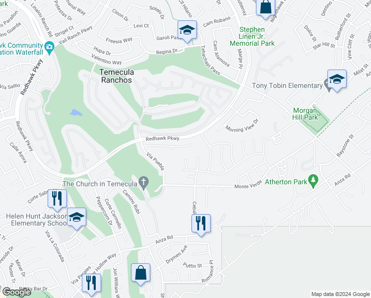 map of restaurants, bars, coffee shops, grocery stores, and more near 33037 Anasazi Drive in Temecula