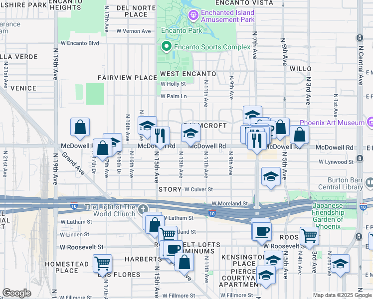 map of restaurants, bars, coffee shops, grocery stores, and more near 1146 West Lynwood Street in Phoenix