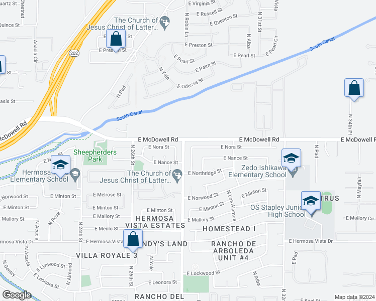 map of restaurants, bars, coffee shops, grocery stores, and more near 2728 North Robin Lane in Mesa