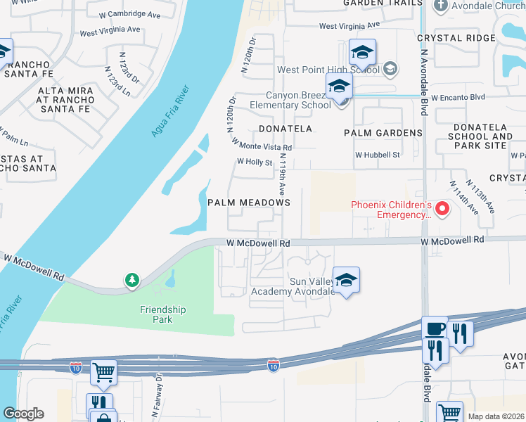 map of restaurants, bars, coffee shops, grocery stores, and more near 1714 North 119th Lane in Avondale
