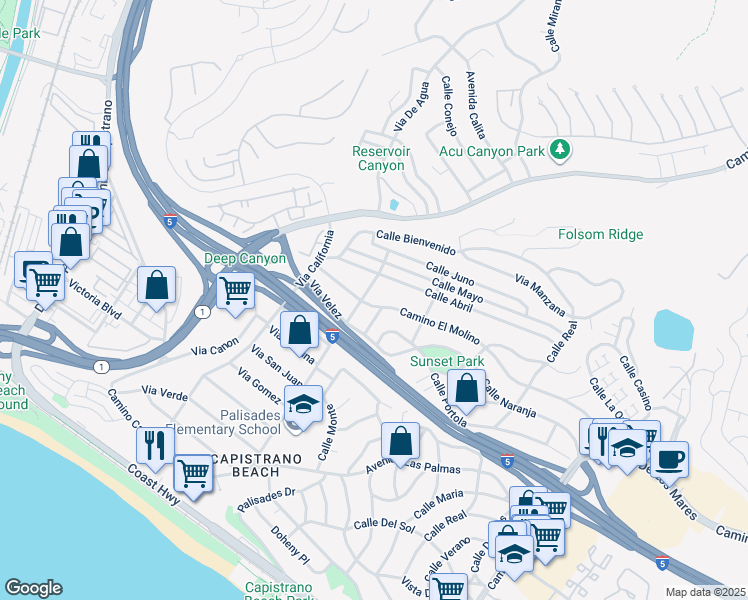 map of restaurants, bars, coffee shops, grocery stores, and more near 34236 Camino El Molino in Dana Point