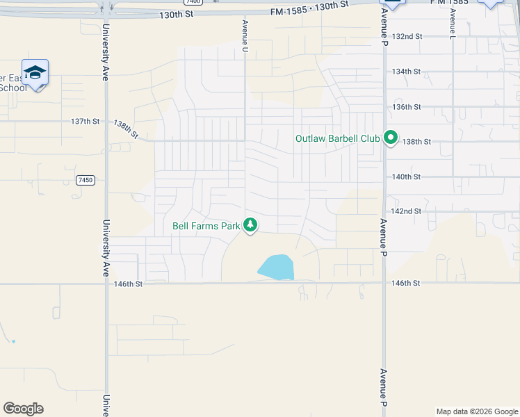 map of restaurants, bars, coffee shops, grocery stores, and more near Avenue U in Lubbock