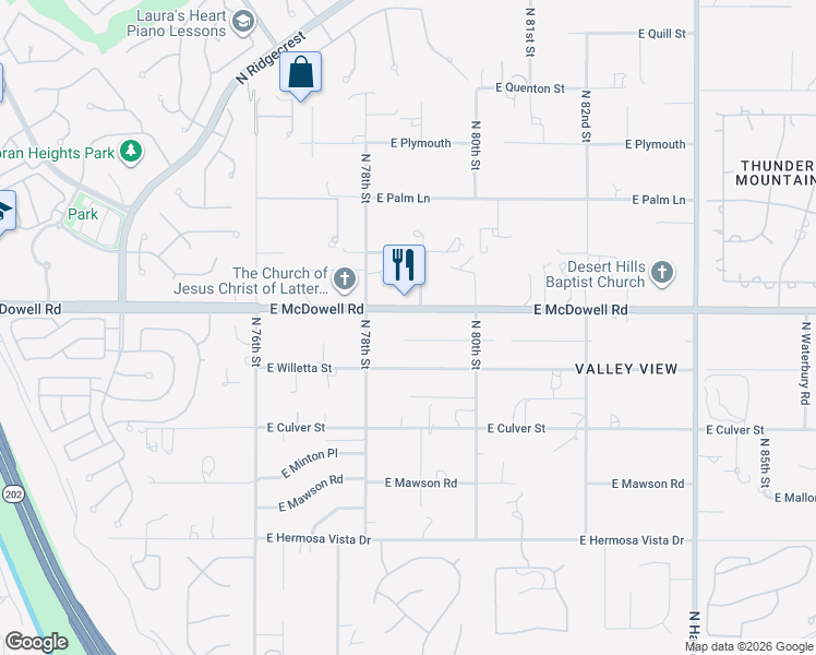 map of restaurants, bars, coffee shops, grocery stores, and more near 7826 East Willetta Street in Mesa